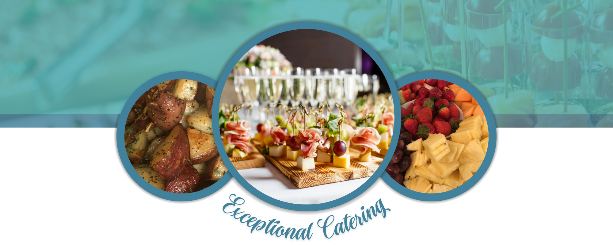 collage featuring catered fresh salads, appetizers and fruit