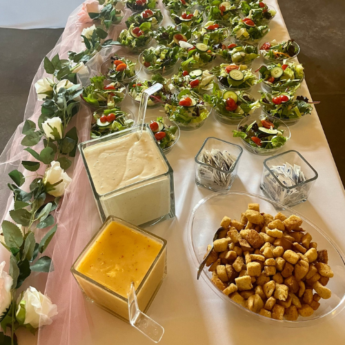 freshly made salads with dressings and croutons  